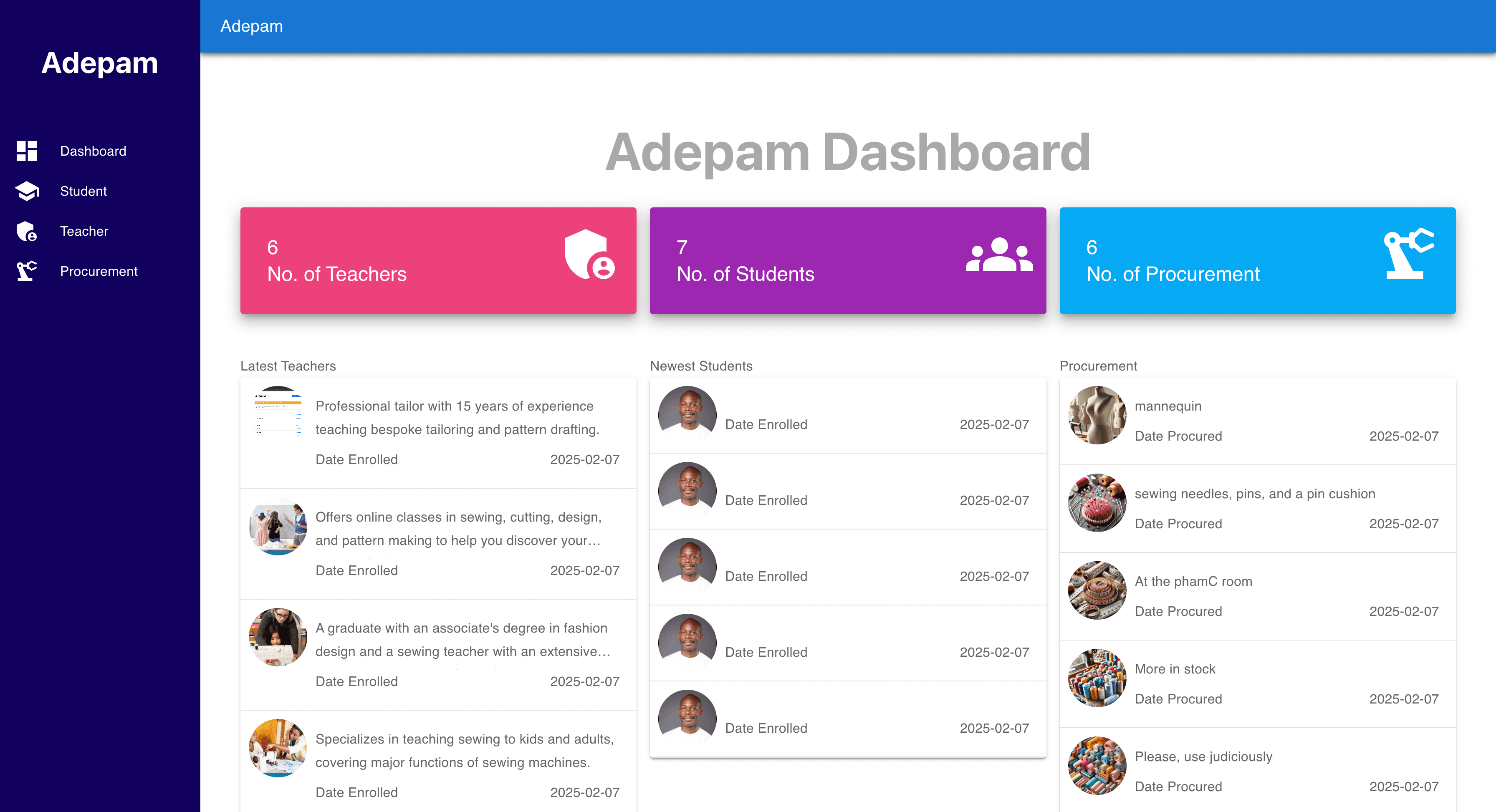 Adepam - Fashion School Management System screenshot